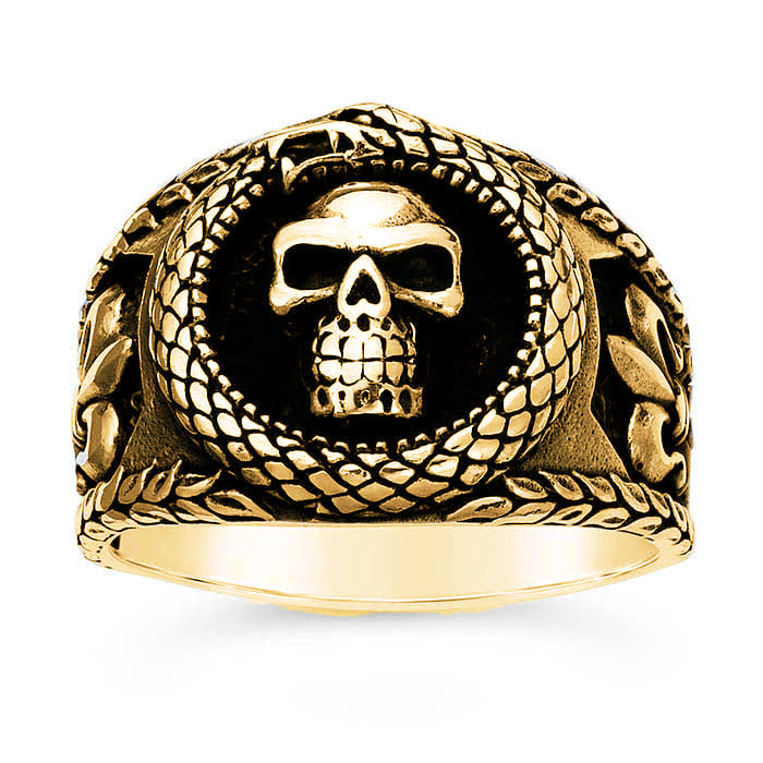 14K Gold Over Sterling Silver Skull & Snake Ring with Fleur-de-Lis