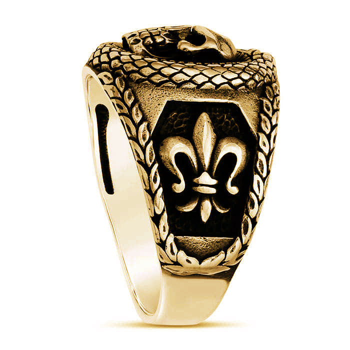 14K Gold Over Sterling Silver Skull & Snake Ring with Fleur-de-Lis