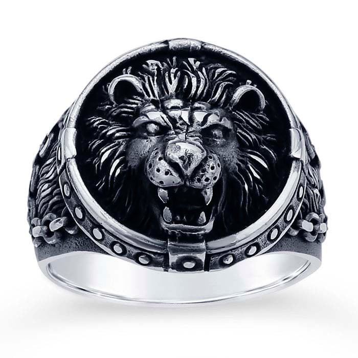 Sterling Silver Lion's Head Ring with Chain & Stud Accents