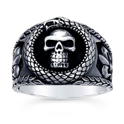 Sterling Silver Skull & Snake Ring with Fleur-de-Lis