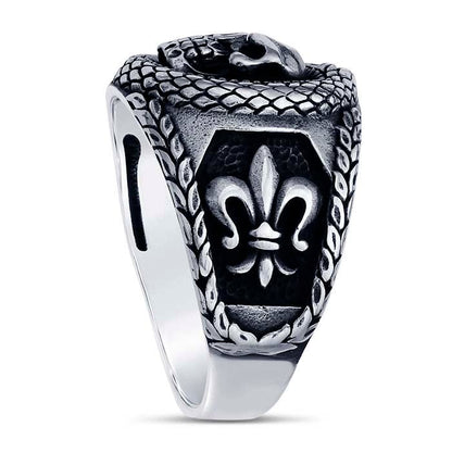 Sterling Silver Skull & Snake Ring with Fleur-de-Lis