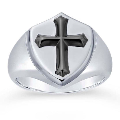 Sterling Silver Shield with Black Rhodium-Plated Cross Ring