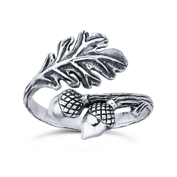 Sterling Silver Leaf & Acorn Bypass Ring