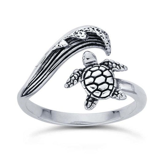 Sterling Silver Sea Turtle & Wave Bypass Ring