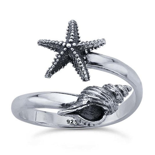Sterling Silver Conch Shell & Starfish Bypass Ring