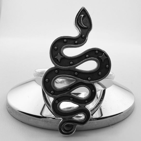 Sterling Silver Snake With Moon and Stars Ring